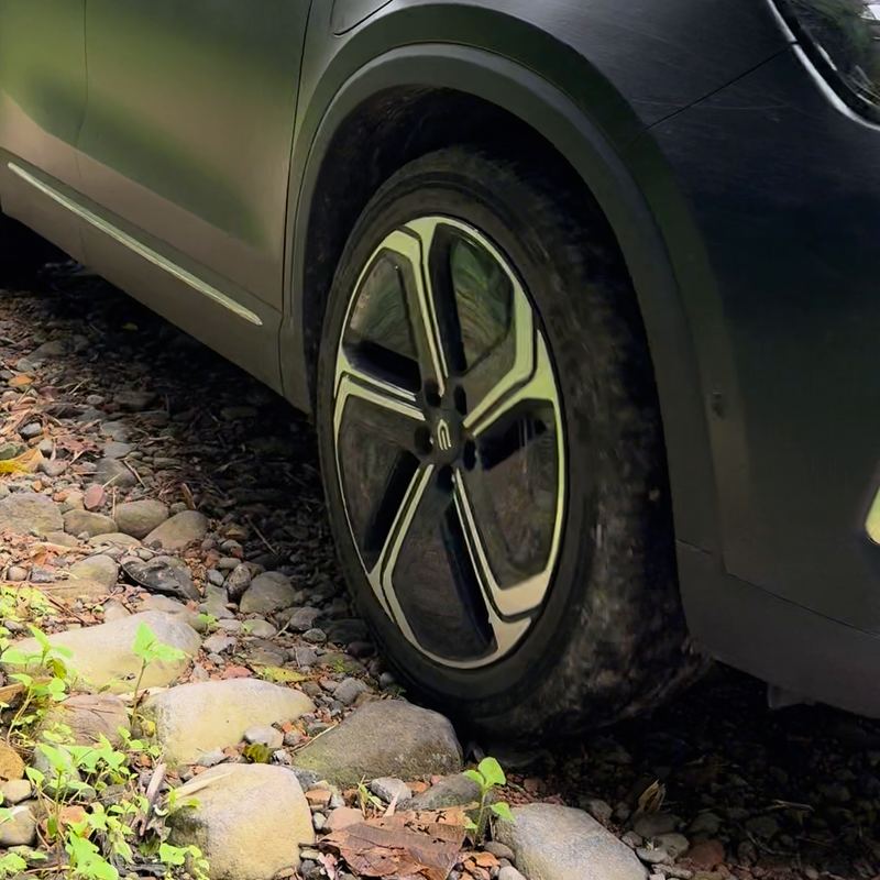 Side of the satin-black Skywell BE11 in the forest.